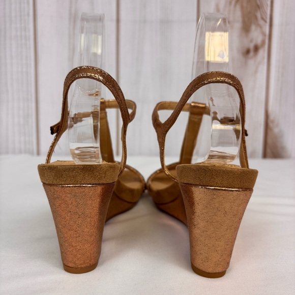Solanz Wedge Sandals Strappy Sequin T-Strap Dressy Shoes Metallic Rose Gold Sz 7 - Picture 11 of 15